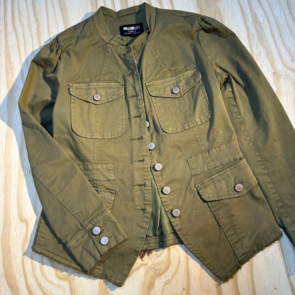William Rast Womens Small Olive Green Military Utility Peplum Jacket Puff Sleeve